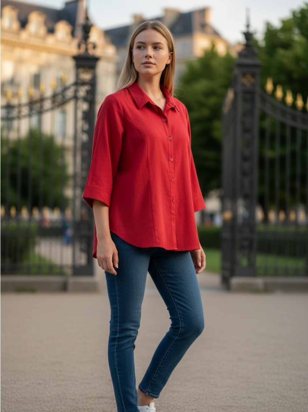 Laura Scott Red Three-Quarter Sleeve Button-Down Shirt